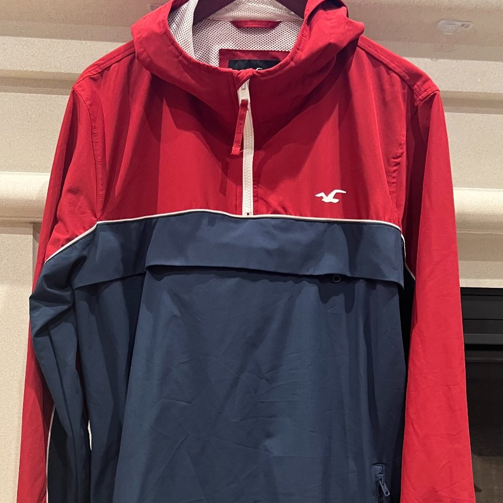 Hollister Jacket Windbreaker, Red/Navy Blue, Size: L
